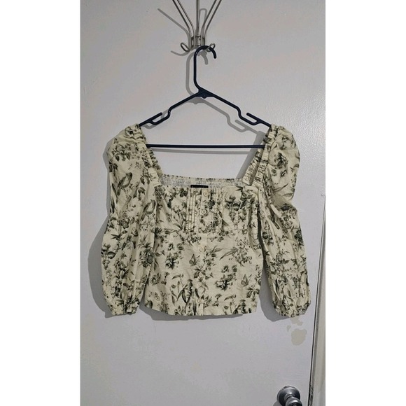 Kourt Tops - Kourt Women's Smocked‎ Floral Top Small Linen Polyester Blend Green Y2K Preppy